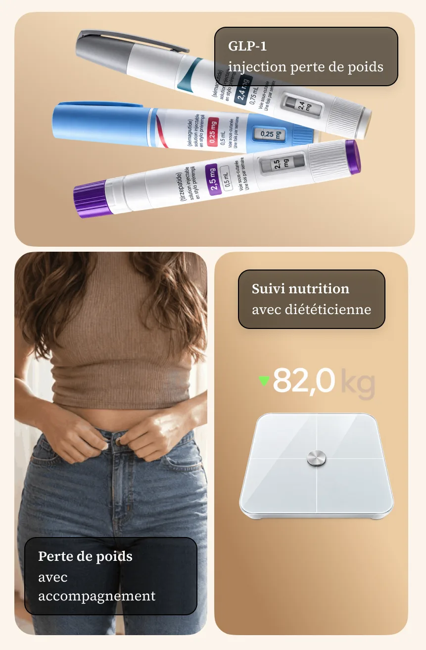 Stylos injecteurs, femme en suivi de perte de poids et balance connectée